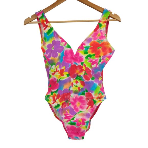 Vintage Neon Floral One Piece High Cut 90s Swimsuit Size 9/10 Tahiti Open Back - Picture 1 of 11